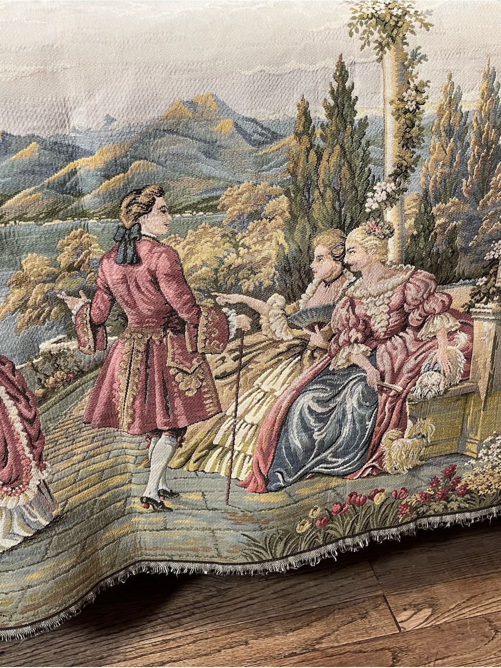 Vintage Tapestry Wall Hanging with Pastoral Scene in Rose and Gold Tones